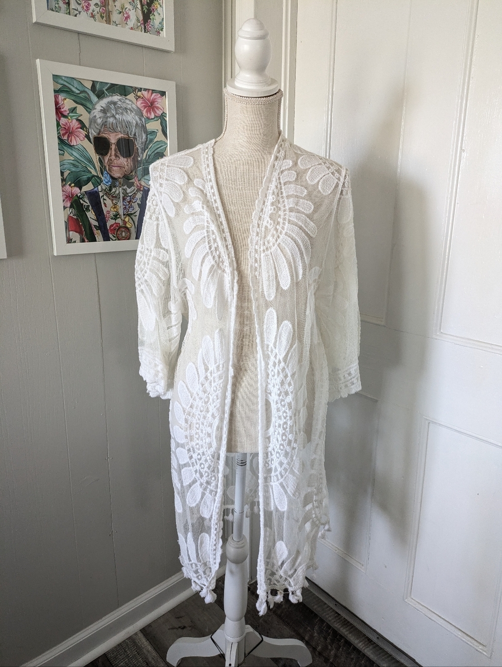 Everleigh Festival Open Front Kimono Duster L White Lace‎ Embroidery Boho